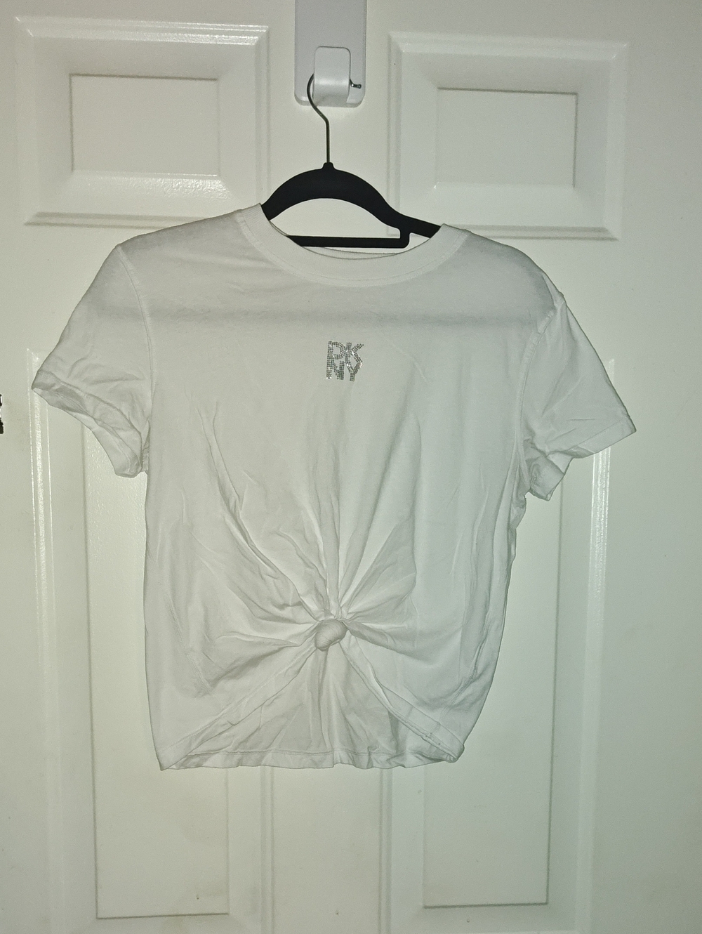 DKNY White Knot-Front Tee with Rhinestone Logo